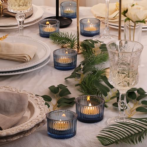 NITIME 30Pcs Blue Tealight Candle Holder, Ribbed Votive Candle Holders Glass with 32pcs Tea Light Candles for Wedding Decor, Home Decor and Party Decor - Image 3
