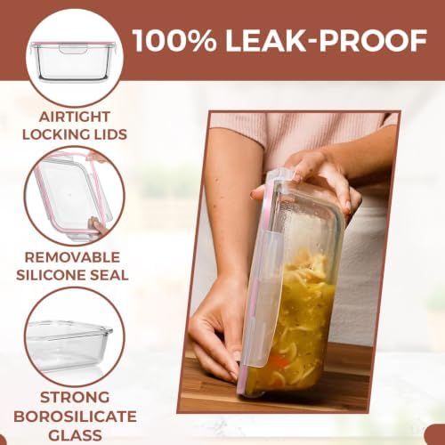 Razab 6.5 Cups / 52 Oz 4 Piece (2 Containers + 2 Lids) Glass Food Storage Containers Set with Airtight Locking Lids - For Storing, Baking & Serving BPA Free, Leakproof - Microwave, Freezer & Oven Safe - Image 4