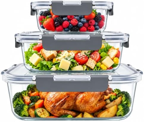 Razab 3 Pack Borosilicate Glass Meal Prep Containers with Airtight Lids by RazabHomeGoods