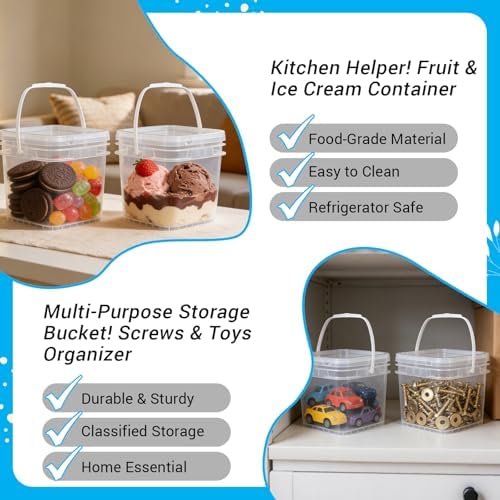 Food Storage Buckets with Lids - 4 Set Square Clear Plastic Containers, Airtight Pressure Seal & Handle for Kitchen Freezer Prep (Clear, 0.8 gal) - Image 2