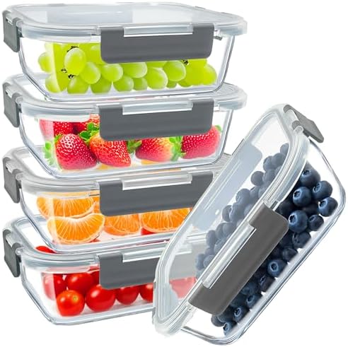 5 Packs 36oz Glass Food Storage Containers with Lids, Stackable Borosilicate Glass Bowls Meal Prep Lunch Containers Microwave Oven Freezer Safe (Gray-5) by Bestfull