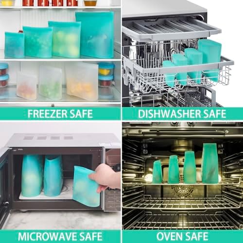 Reusable Storage Bag, 8 Pack 100% Silicone Food Storage Bags Stand Up Zip Lock Bags for Food Container, Freezer Microwave Oven Dishwasher Safe, 2 X-Large(0.8 Gallon) 2 Medium 2 Small 2 X-Small, Aqua - Image 6