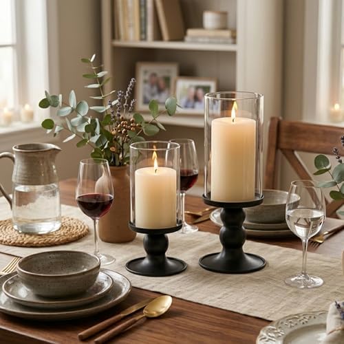 NITIME 2Pcs Hurricane Candle Holder for Pillar Candles, Black Candle Holders with Clear Glass Sleeve for Table Centerpieces,Pillar Candle Holders for Home Decor, Wedding, Holiday and Party Decor - Image 3