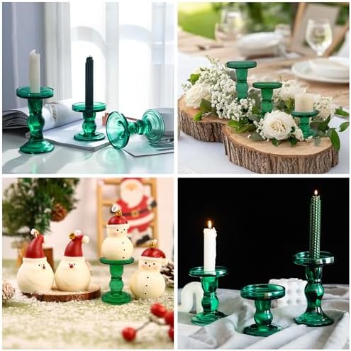 Green Glass Candle Holders Set of 3 Clear Candlestick Holders Vintage Candle Stands for Pillar Taper Candle Tealight Home Decor Table Centerpieces Christmas, Candleholder Sets with 4 Pcs Taper Candles - Image 6