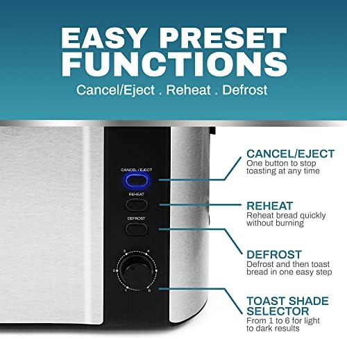 Elite Gourmet ECT-3100 Long Slot 4 Slice Toaster, Reheat, 6 Toast Settings, Defrost, Cancel Functions, Built-in Warming Rack, Extra Wide Slots for Bagels Waffles, Stainless Steel & Black - Image 3