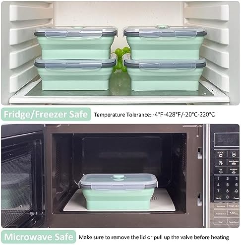 Collapsible Food Storage Containers with Lids & Vent, 27 oz, Kitchen Stacking Silicone Collapsible Meal Prep Container Set for Leftover, Microwave Freezer Dishwasher Safe, Mint Green, 4 Pack - Image 6