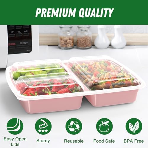 Dealusy 50 Pack 32 oz Meal Prep Containers with Lids 3-Compartment, Pink - Image 3