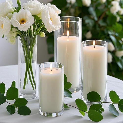 Homjoy 24 PCS White Pillar Candles with Glass Candle Holders Clear Hurricane Candle Holders Glass Cylinder Vases for Centerpieces Wedding Party, Event, Home Office (12 Candles+12 Candle Hoders) - Image 4