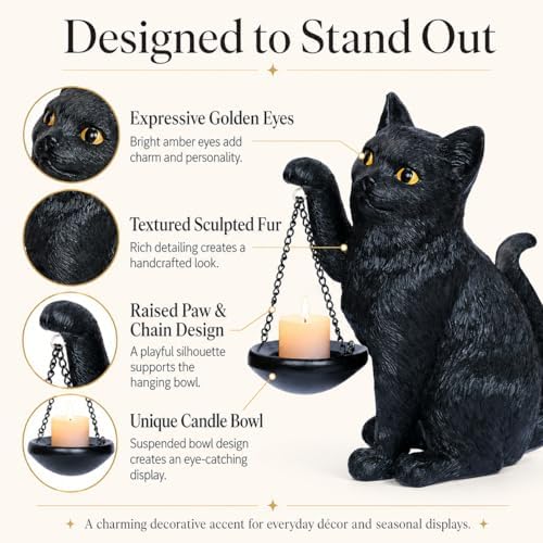 Gothic Black Cat Lamp with Tealight Candle Holder Cat Statue Halloween Decorations Indoor Gothic Home Decor for Living Room Tabletop Shelf Bedroom Unique Goth Witchy Gifts Decor - Image 3