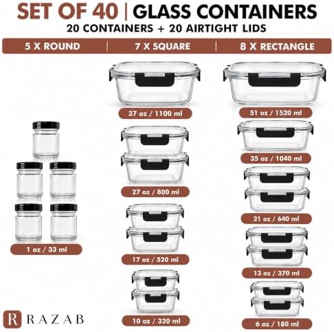 Razab 40 PC Borosilicate Glass Food Storage Containers with Airtight Lids - Image 2