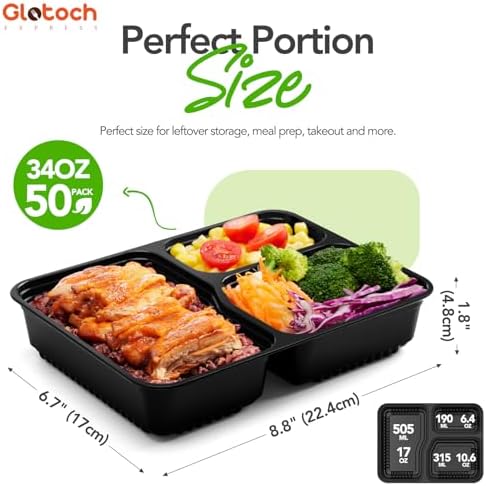 Glotoch 3-Compartment Meal Prep Containers with Lids, 34 oz, 50 Pack - Image 3