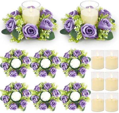 Purple Rose Candle Rings with Flameless Candles Sets - 12PCS Artificial Flower Eucalyptus Wedding Centerpiece 3 Inch Pillar Candleholders Wreaths for Wedding Party Decor (Purple - 6 Sets) by ACMEE