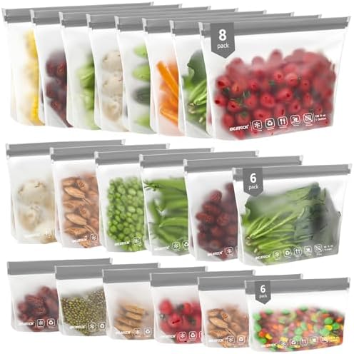 IDEATECH Food Storage Bags, BPA Free PEVA Reusable Gallon Freezer Bags, Reusable Sandwich Containers, Heallthy Food Bags Containers for Travel, Lunch(Grey, 24Pack-8Gallon+8Quart+8Snack) by IDEATECH