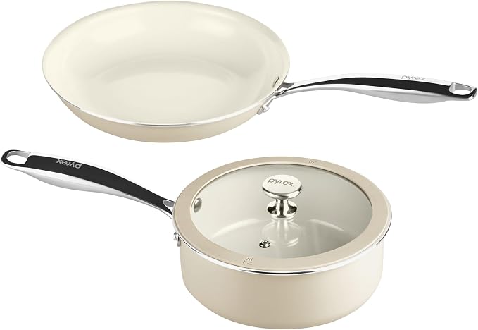 Pyrex 3-Piece Ceramic Cookware Fry Pan & Saucepan Set by Pyrex