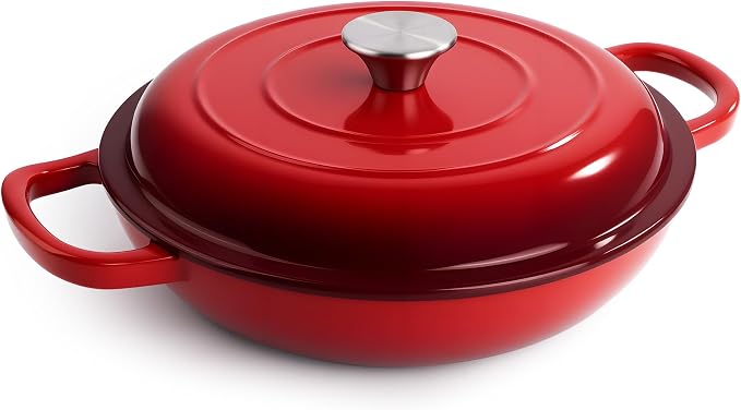 3 Quart Enameled Cast Iron Braiser, Non Stick Enameled Cast Iron Skillet by Fijinhom