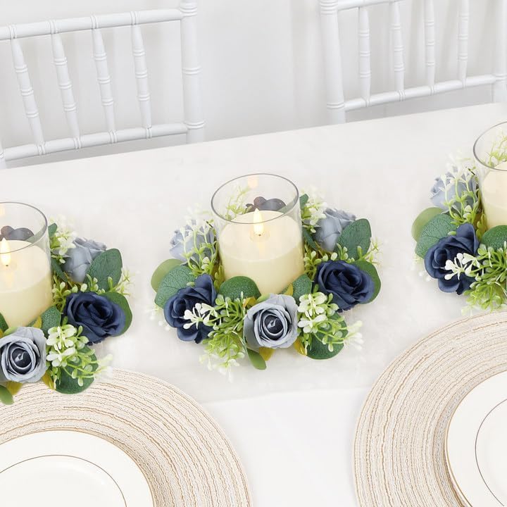 Blue Rose Candle Rings with Flameless Candles Sets - 24PCS Artificial Flower Eucalyptus Wedding Centerpiece 3 Inch Pillar Candleholders Wreaths for Wedding Party Decor (Blue - 12 Sets) - Image 7