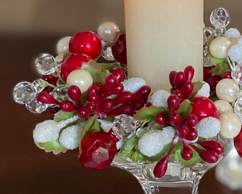 Crystal and Pearlized Berry Faceted Red, White and Cream Berry Christmas Candle Ring, 4 Inches, Glass Coated Artificial Berries for Taper Candlestick Candle or Votive Candleholder - Image 3