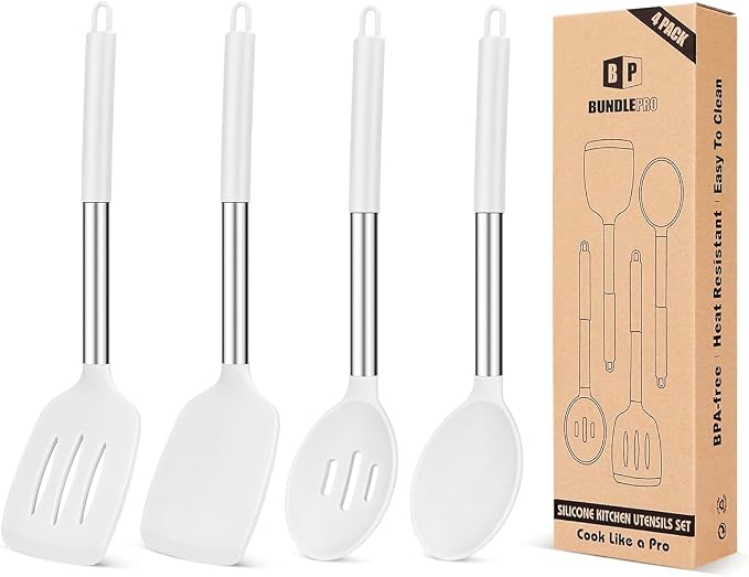 Pack of 4 Silicone Cooking Utensils Set, Non Stick Large Solid Spatulas by BUNDLEPRO