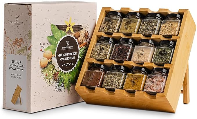 TILZ GEAR Wooden 3-Tier Spice Rack, 12 Filled Glass Jars, 12 Organic Spices by Tilz