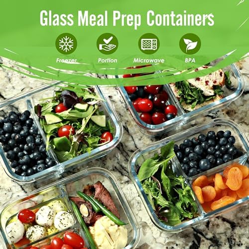 Glass Meal Prep Containers 2 and 3 Compartments, Leak-Proof, 32 oz, 4 Pack - Image 2