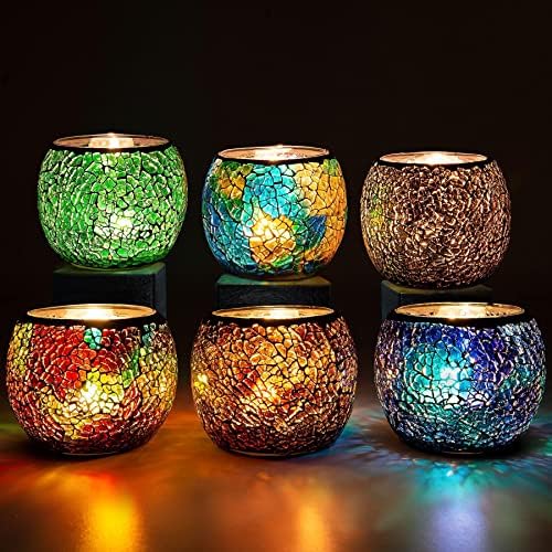 Rancco Glass Votive Candle Holder for Tealight, 6 Set Romantic Stained Mosaic Tealight Candle Holders, Handmade Cracked Aromatherapy Candle Lamp for Valentine, Party, Christmas Table Centerpiece Decor by Rancco