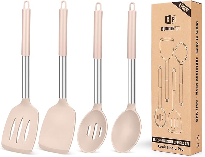 Pack of 4 Silicone Cooking Utensils Set, Non Stick Large Solid Spatulas by BUNDLEPRO