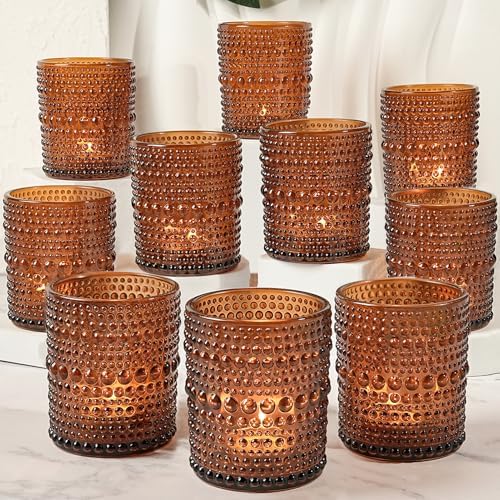 12pcs Votive Candle Holder, 2.7 * 3.5in Large Amber Glass Tea Light Candle Holders Bulk, DIY Wax Filling Romance Tealight Candle Holders for Home Table & Christmas by TRIRITE