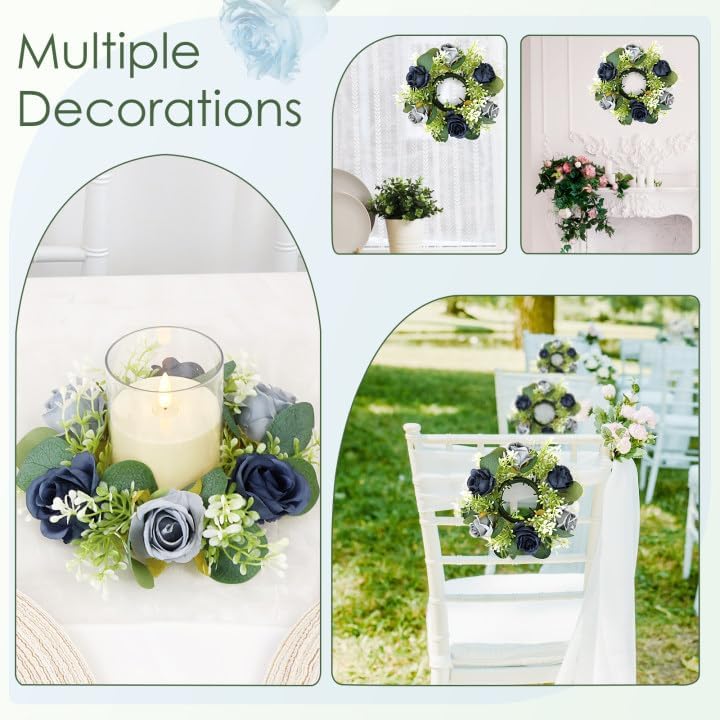 Blue Rose Candle Rings with Flameless Candles Sets - 4PCS Artificial Flower Eucalyptus Wedding Centerpiece 3 Inch Pillar Candleholders Wreaths for Wedding Party Decor (Blue - 2 Sets) - Image 5