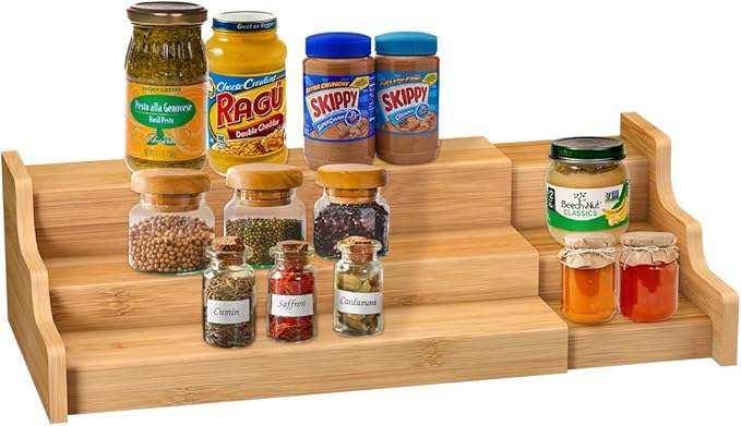 Spice Rack Kitchen Cabinet Organizer- 3 Tier Bamboo Expandable Display Shelf by ZriBamboo