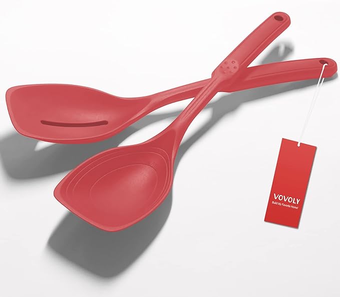 2 Pack Large Silicone Cooking Spoon, Non-Stick Slotted and Solid Spoon set by VOVOLY