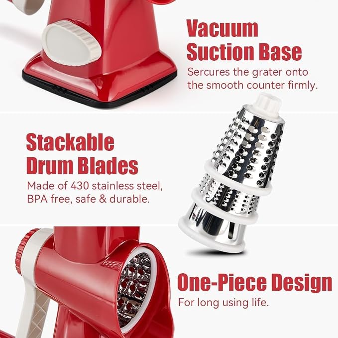 KEOUKE Rotary Cheese Grater Hand Crank Red - Image 5