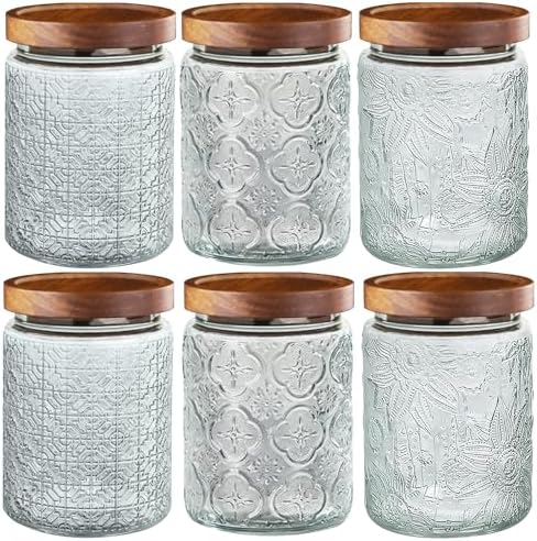 6-Pack 24 OZ Vintage Glass Jar with Lid, Airtight Food Storage Canisters with Bamboo for Kitchen Counter Pantry, Ideal for Coffee, Candy, Tea, Oats, Sugar, Cookies Decorative Jars by Unknown