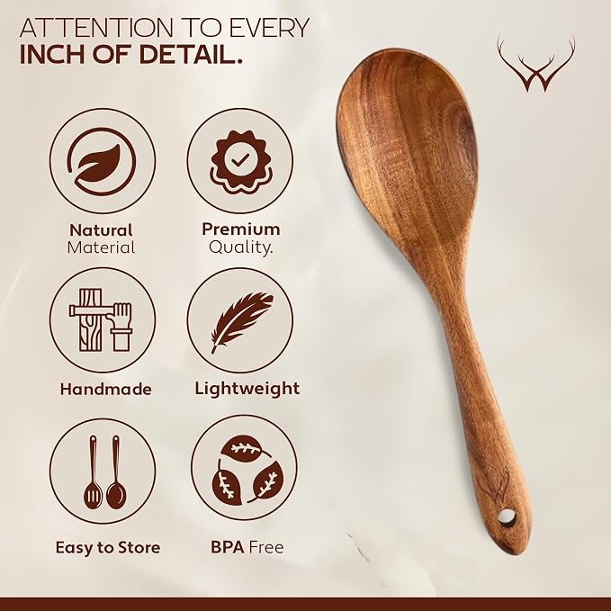 8 Pcs Teak Wooden Utensil Set – Premium Wooden Cooking Utensils Set, Natural - Image 5