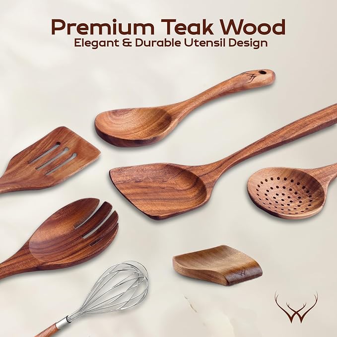 20 Pcs Teak Wooden Utensil Set – Premium Cooking Utensils Set, Natural Wooden - Image 2