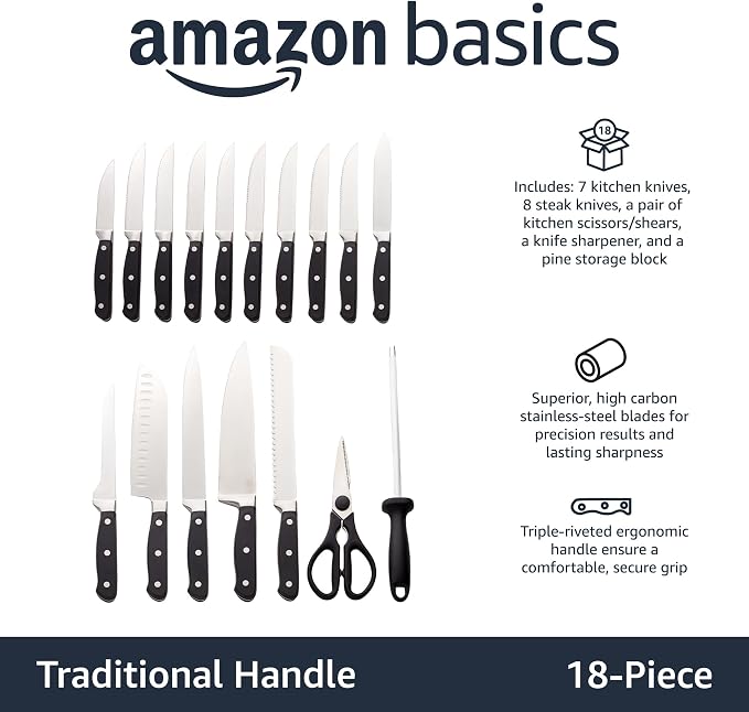 Amazon Basics 18-Piece Premium High-Carbon Stainless Steel Kitchen Knife Set - Image 2