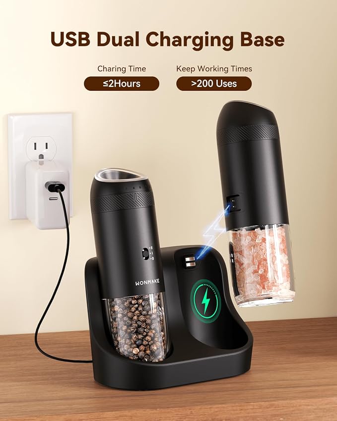 WONMAKE Gravity Electric Salt and Pepper Grinder Set - Image 2