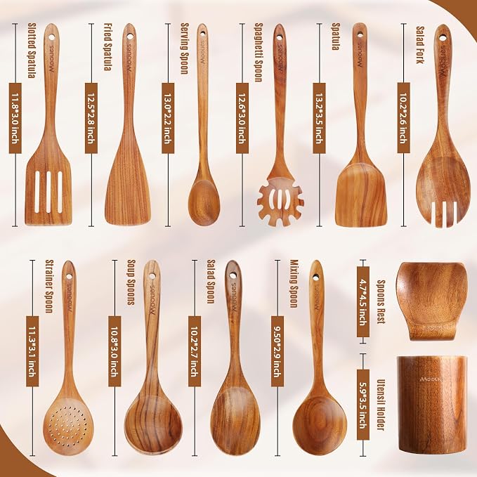 Mooues 12 Piece Wooden Spoons for Cooking, Wooden Utensils for Cooking - Image 2