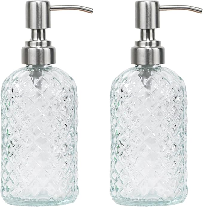 16 oz Diamond Pattern Glass Soap Dispenser, Kitchen and Bathroom Refillable by SDlumeiy