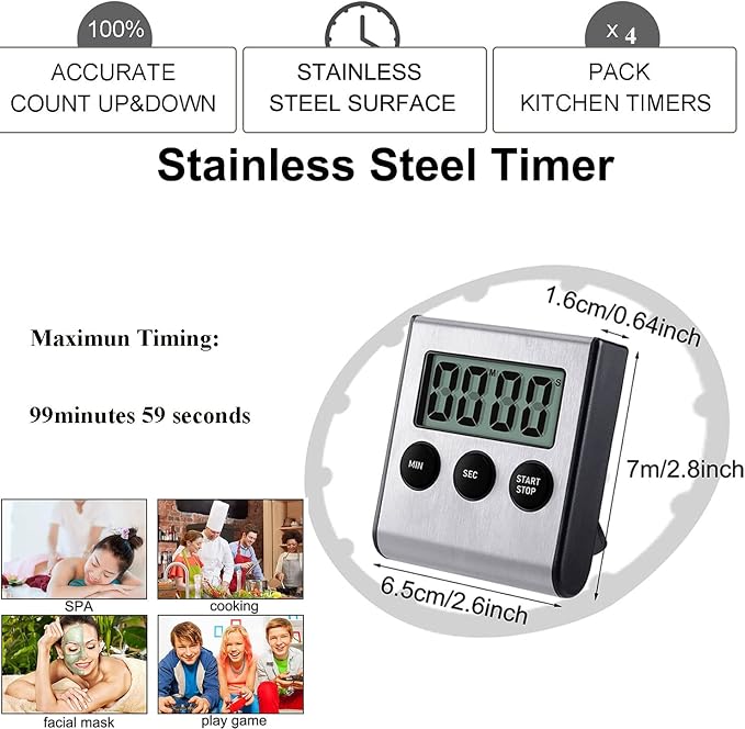 4 Pack Digital Kitchen Timer Magnet, Stainless Steel Cooking Timers - Image 2