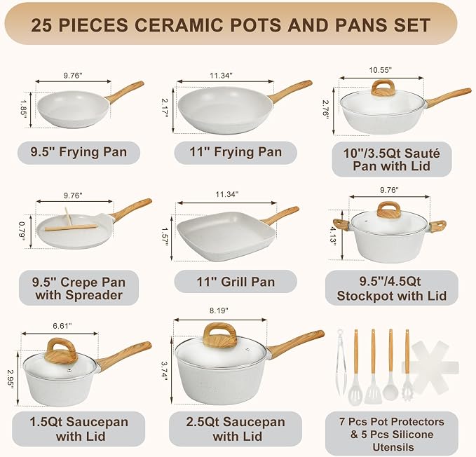 EWFEN 25 Pcs Pots and Pans Set, Nonstick Ceramic Cookware Sets, Healthy - Image 2