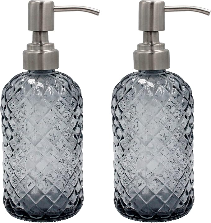 16 oz Diamond Pattern Glass Soap Dispenser, Kitchen and Bathroom Refillable by SDlumeiy