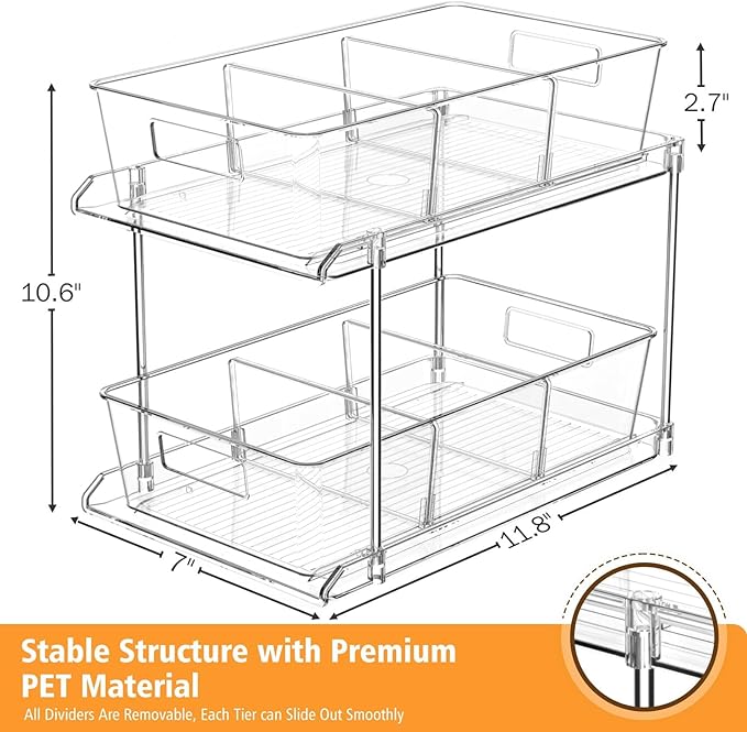 Fabspace Pull-out Home Organizer, 2 Pack 2 Tier Clear Bathroom Organizer - Image 2