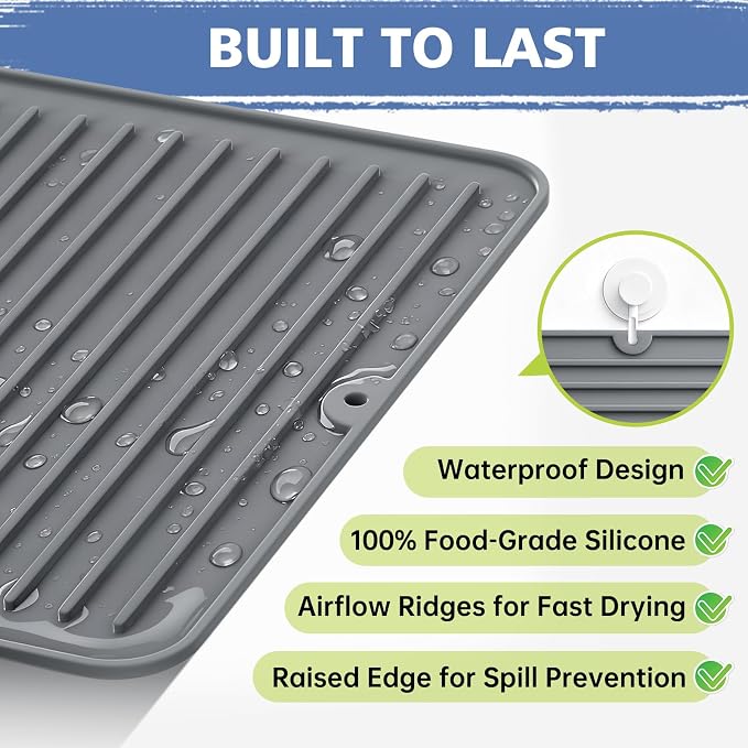 Songrey 14" x 10" Silicone Dish Drying Mat, Kitchen Counter Drying Pad - Image 2