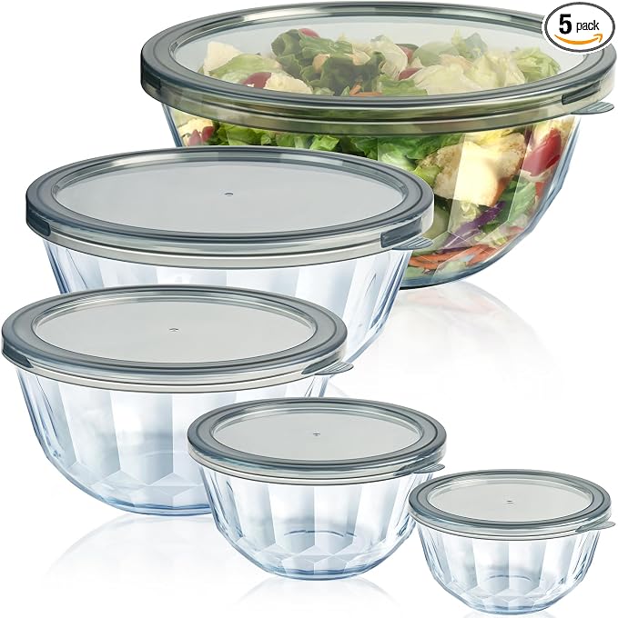 Freshmage Mixing Bowls with Airtight Lids Sets, 5 Packs Thick Glass Nesting by Freshmage