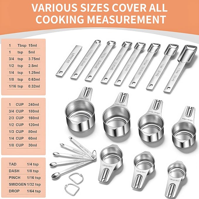 EWFEN Measuring Cups and Spoons Set, 7 Stainless Steel Nesting Measuring Cups & - Image 3