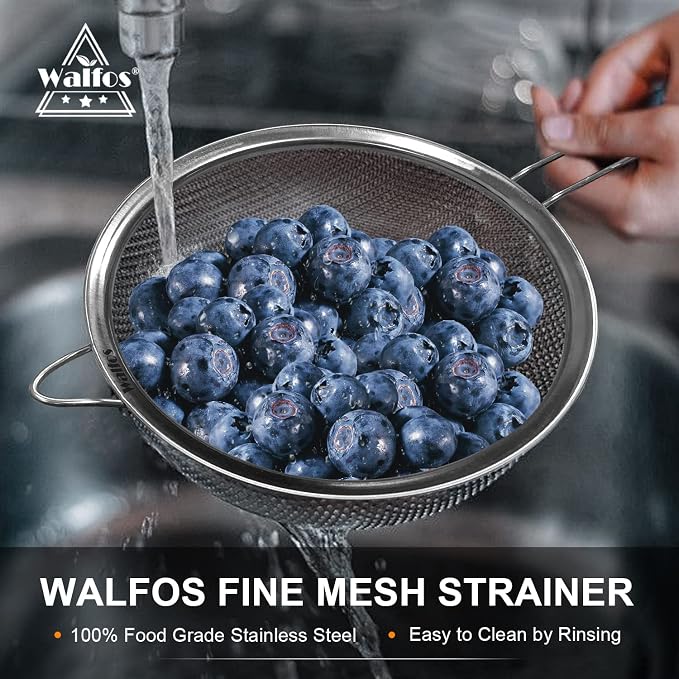 Walfos 9.35 Inch Large Fine Mesh Strainer, Stainless Steel 30 Mesh Sieve - Image 6