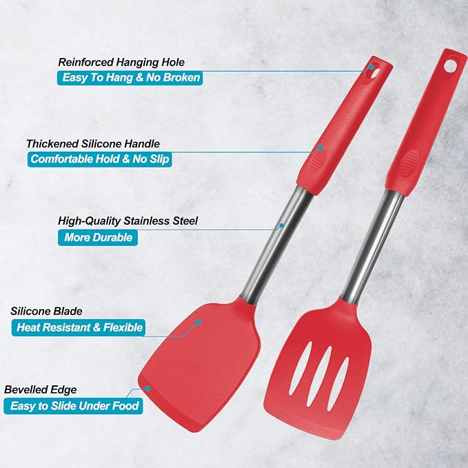 2 Pack Spatulas, Solid & Slotted Silicone Spatula Set, Stainless Steel Handle - Image 3