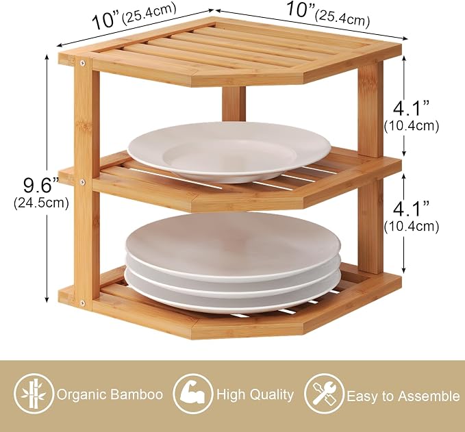 VERTORGAN 3 Tier Bamboo Corner Shelf, Plate Organizer, Dish Drying Rack - Image 3