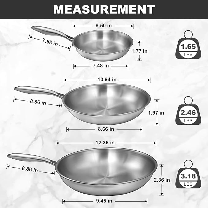 EWFEN Tri-Ply Stainless Steel Frying Pans Set, 8”/10”/12” Cooking pans - Image 2