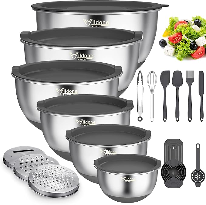 Wildone Mixing Bowls with Airtight Lids, 3 Grater Attachments, Measurement by Wildone